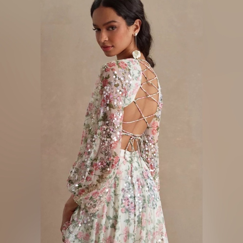 Mac Duggal Sequined Floral Print Cutout Lace-Up Gown Anthropologie